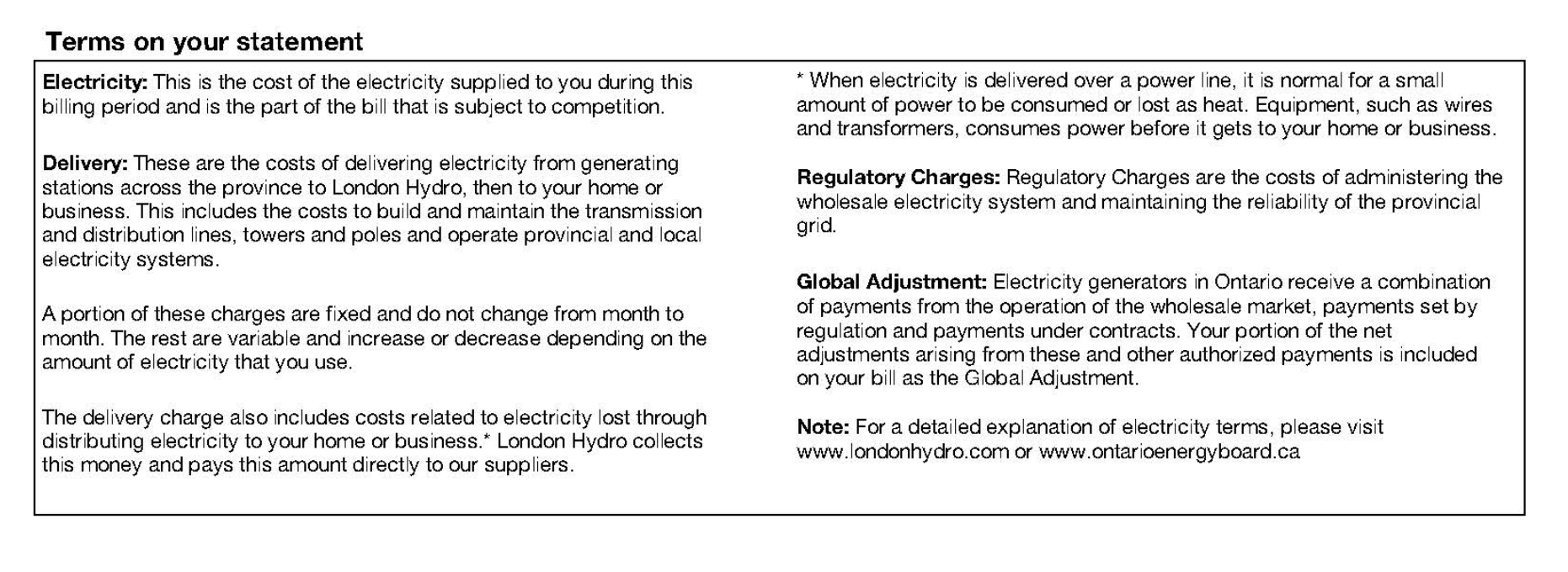 Image of the terms that can be found on a London Hydro bill. 