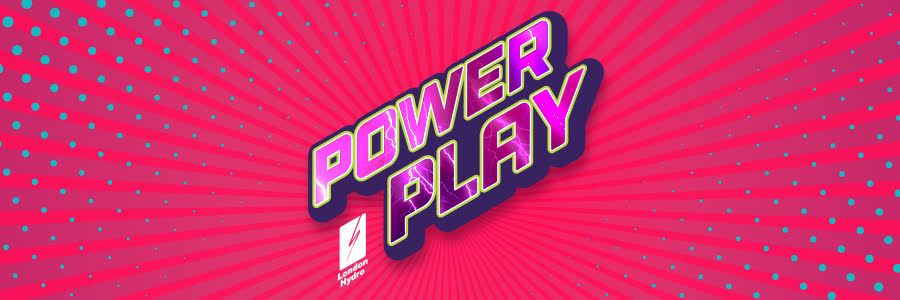 Power Play text in front of a pink and blue starburst background