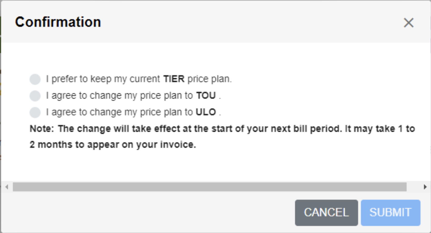 Price Plan switch confirmation screen