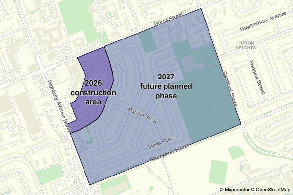 Huron Heights construction work area shown on a map