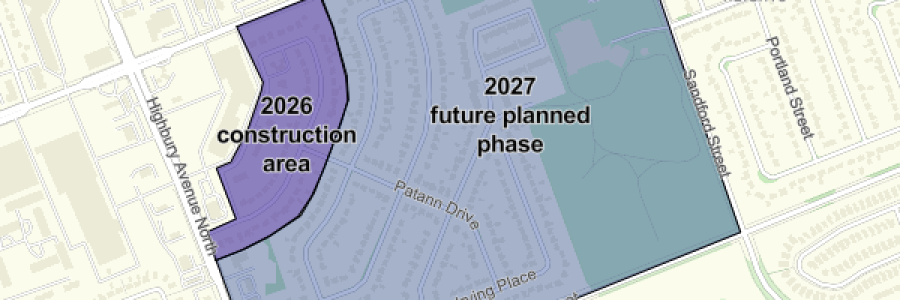 Huron Heights construction work area shown on a map