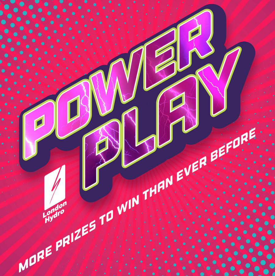Power Play Contest text in front of a pink and blue starburst background