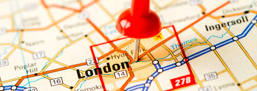 Sustainability Map of London Ontario with a pushpin showing where London is