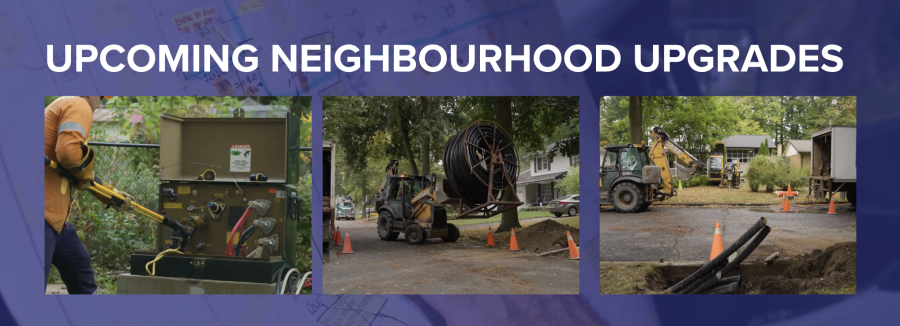 Graphical element - Upcoming projects text with three images of construction work being done in a neighbourhood