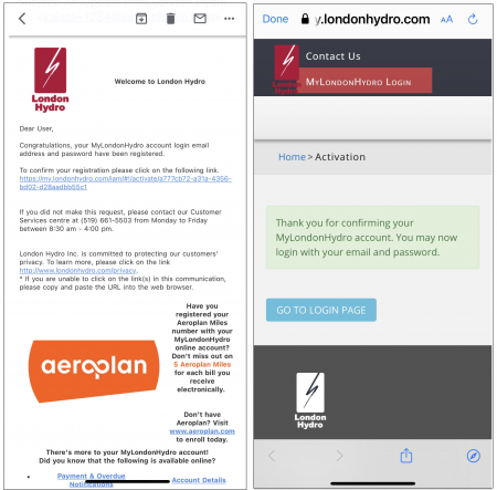 MyLondonHydro confirmation link and activation screens