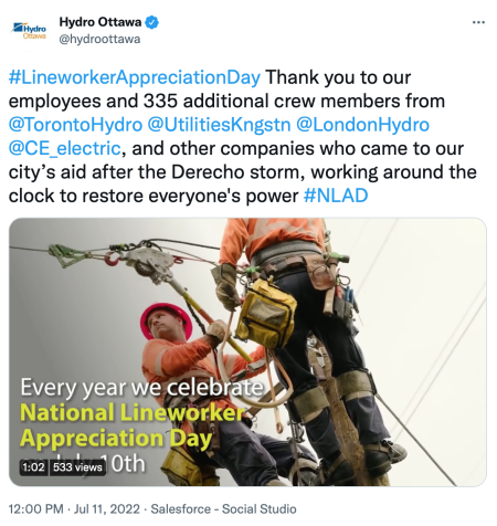 Appreciation Twitter post by Ottawa Hydro thanking London Hydro for assistance with power restoration after a sever storm