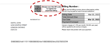 Top of the London Hydro's invoice with QR code