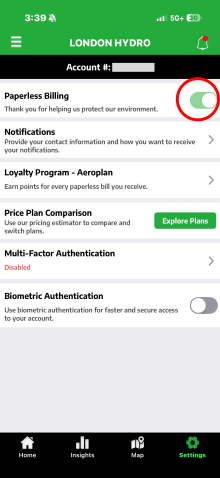 Settings Menu on LH App