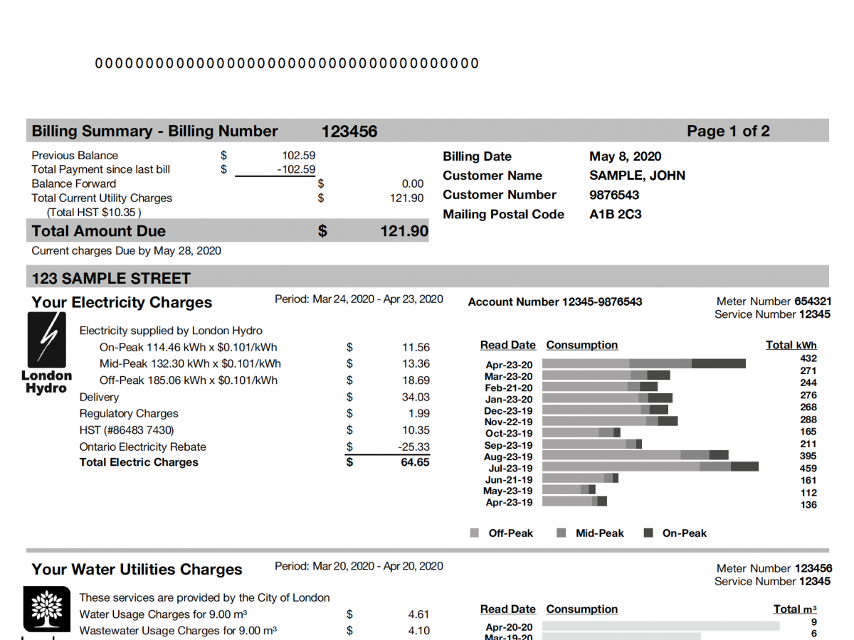 Sample London Hydro Bill