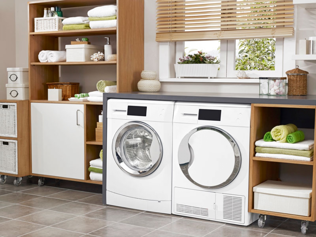 washing machine and dryer in a laundry room