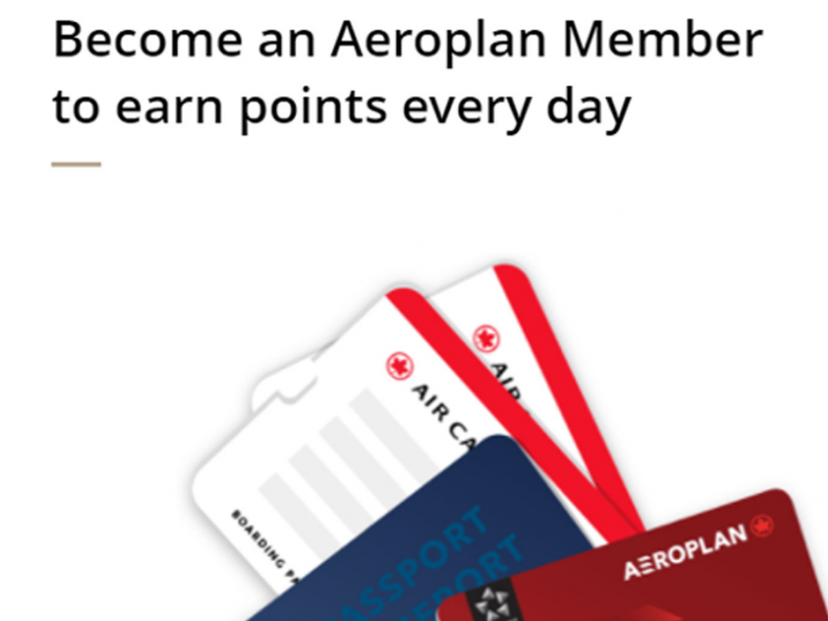plane tickets, a passport and an Aeroplan card laying in a pile with the message "Become an Aeroplan Member to earn points every day"