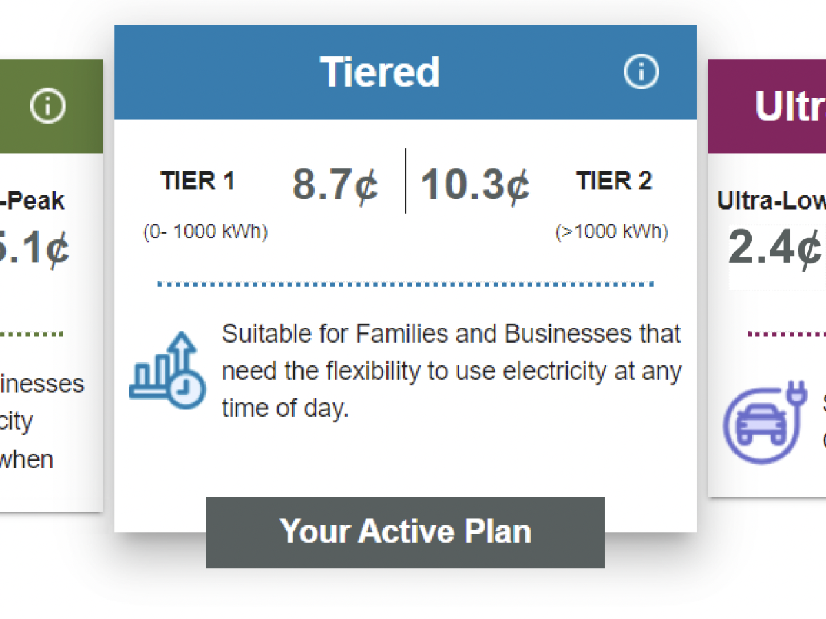 Blocks showing the pricing of each of the regulated pricing plans