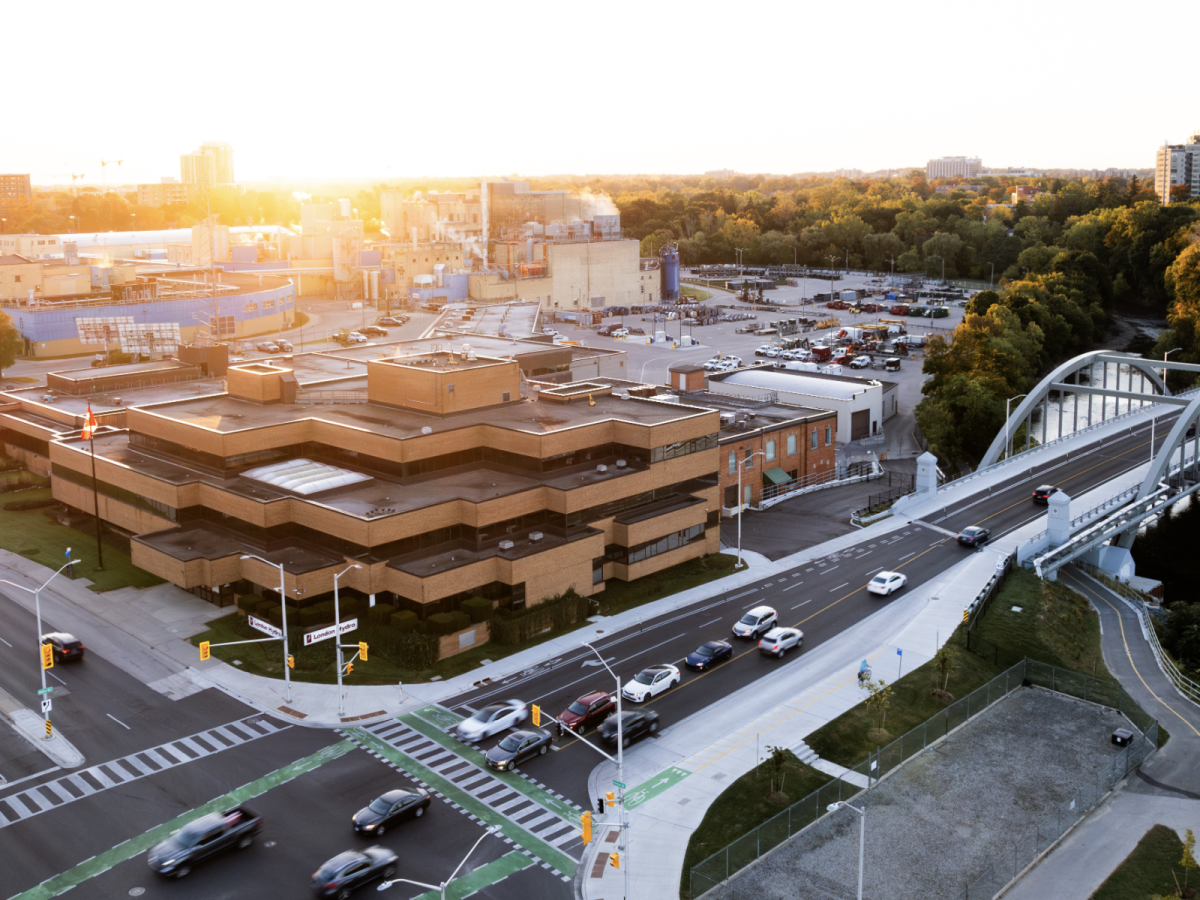 A skyline image of the London Hydro building